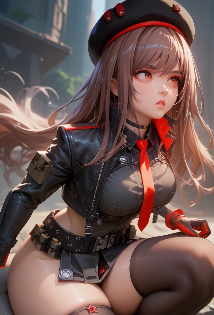 Lapidev, Red eyes, Brown Hair, Long Hair, bangs, beret, Black jacket, Cropped jacket, Red tie, gloves, Black Shirt, belt, Knee socks,9,score_8_superior,score_7_superior,masterpiece,Highest quality,Perfect Anatomy,so beautiful,Official Art,8k,Shiny_skin,fair_skin,white_skin, eiza、the throat is bulging、Thighs:1.4,Large Breasts:1.5,Sword Swallowing Position,The choker broke.