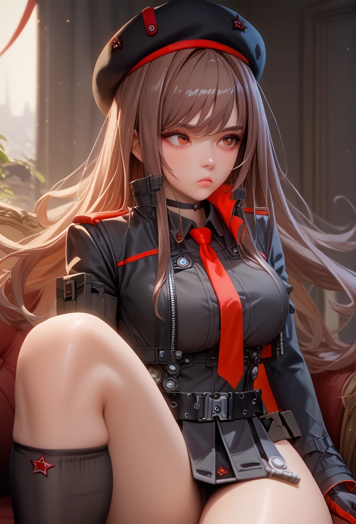 Lapidev, Red eyes, Brown Hair, Long Hair, bangs, beret, Black jacket, Cropped jacket, Red tie, gloves, Black Shirt, belt, Knee socks,9,score_8_superior,score_7_superior,masterpiece,Highest quality,Perfect Anatomy,so beautiful,Official Art,8k,Shiny_skin,fair_skin,white_skin, eiza、the throat is bulging、Thighs:1.4,Large Breasts:1.5,Sword Swallowing Position,The choker broke.