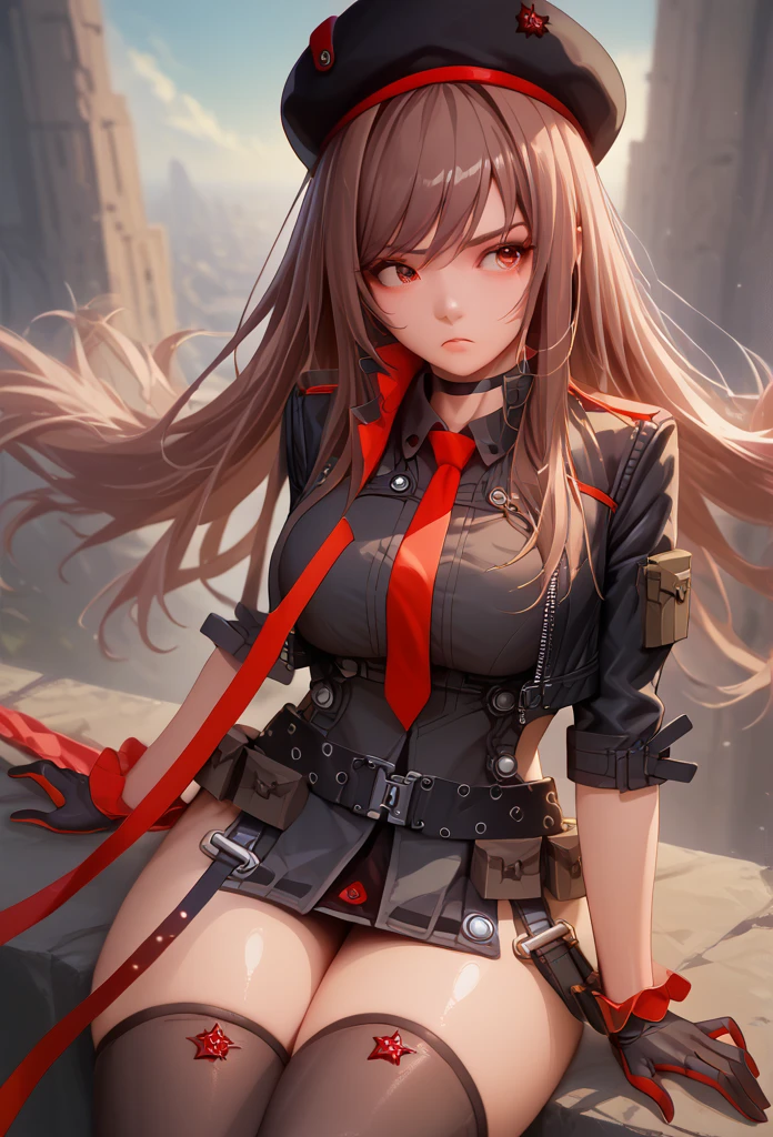 Lapidev, Red eyes, Brown Hair, Long Hair, bangs, beret, Black jacket, Cropped jacket, Red tie, gloves, Black Shirt, belt, Knee socks,9,score_8_superior,score_7_superior,masterpiece,Highest quality,Perfect Anatomy,so beautiful,Official Art,8k,Shiny_skin,fair_skin,white_skin, eiza、the throat is bulging、Thighs:1.4,Large Breasts:1.5,Sword Swallowing Position,The choker broke.