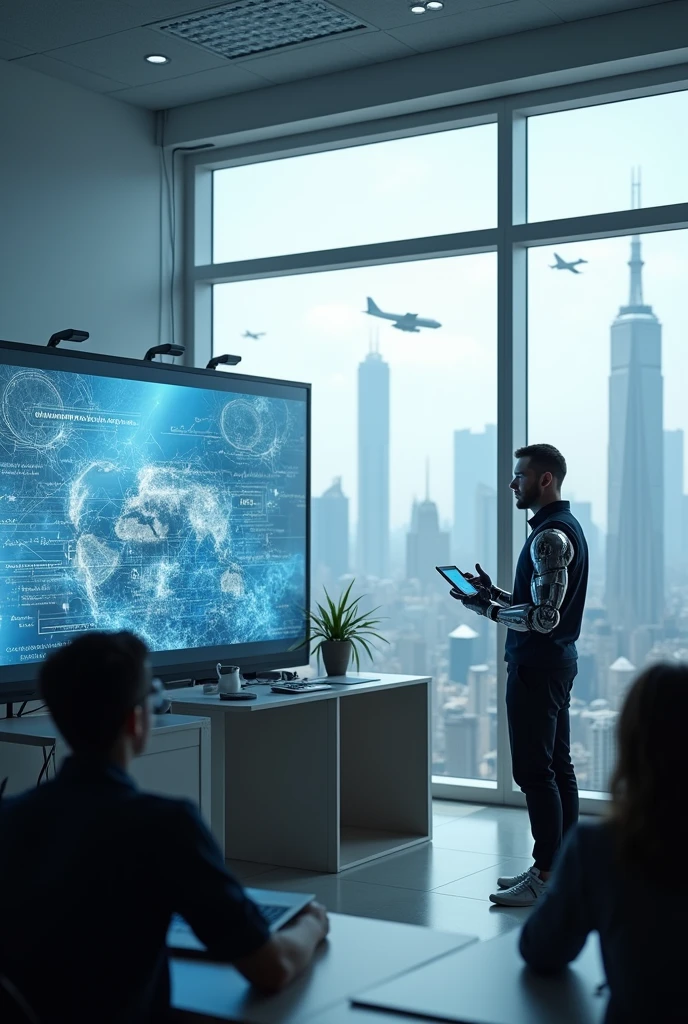Cyborg teacher with mechanical arm and bionic eye, in a white laboratory coat and with a holographic tablet in his hands., standing in front of an interactive digital whiteboard, where it shows complex graphics and formulas, while teaching a class of students using augmented reality headsets and smart bracelets, In modern, illuminated classroom,  with windows, which overlook a futuristic cityscape with skyscrapers and aircraft.  