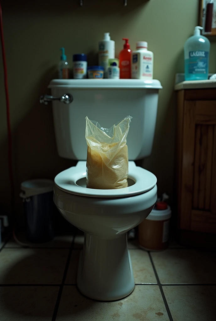 toilet bowl with a plastic bag as support under the lid, to pick up the feces. 