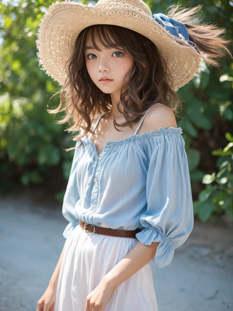 Masterpiece, best quality, ai-generated, cat ear,1 girl,light Blue shaggy curly hair, cowboy shot,white summer clothes,