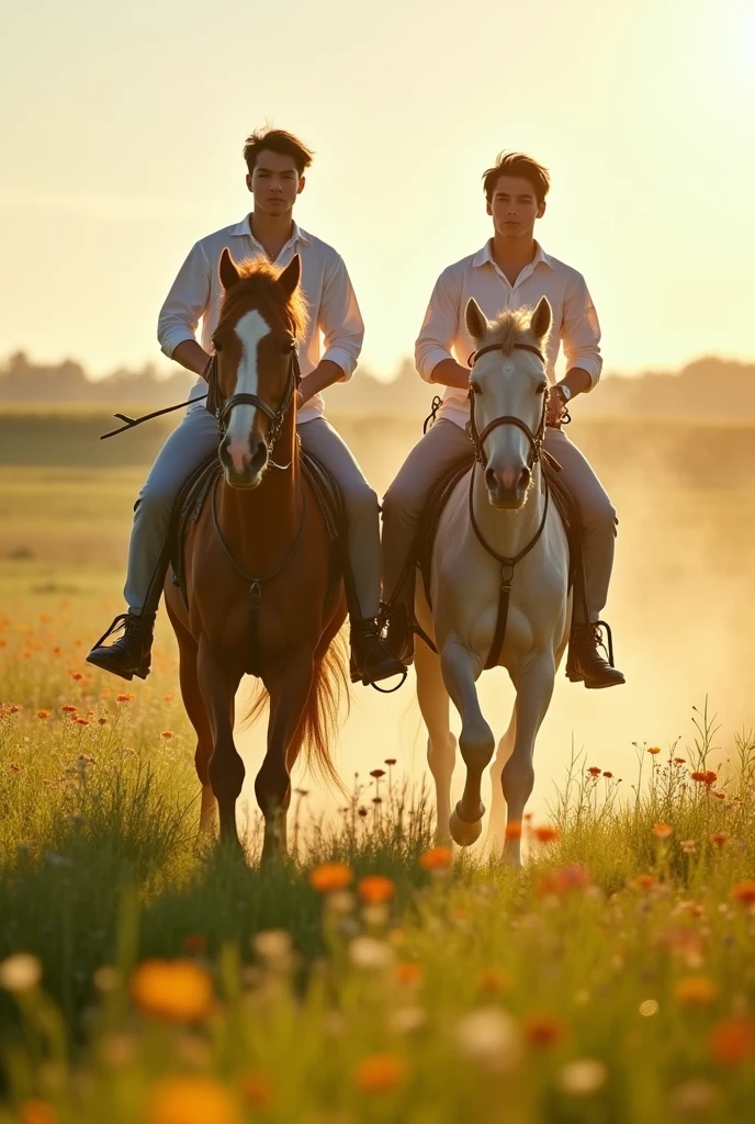 Two handsome young men, beautiful faces, white skin, soft skin, thin, short black hair, shirtless, riding horses together.
