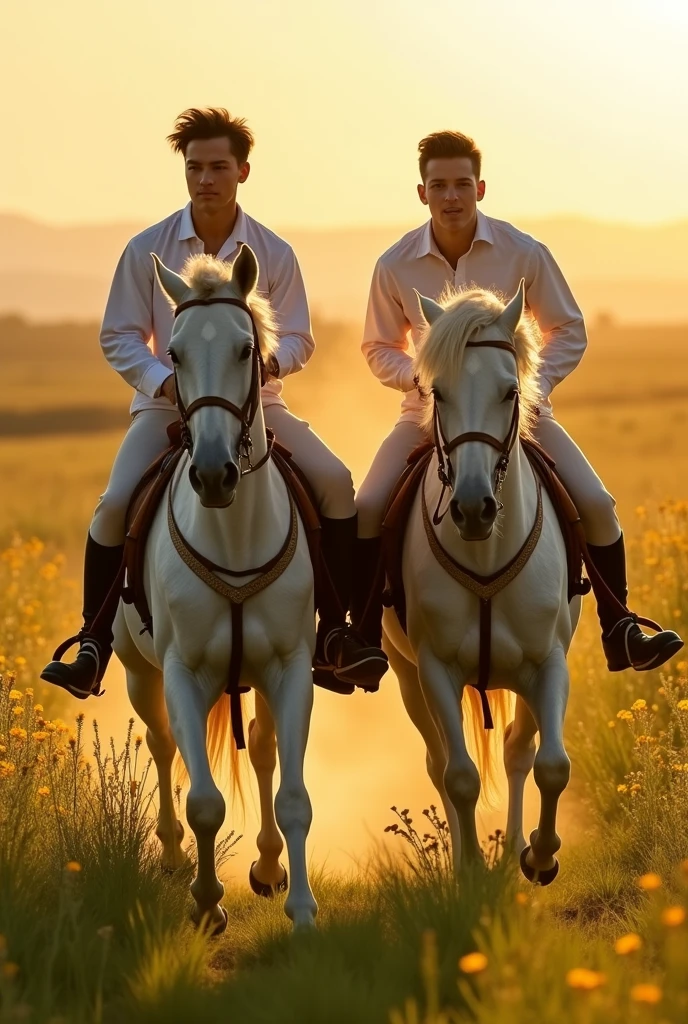 Two handsome young men, beautiful faces, white skin, soft skin, thin, short black hair, shirtless, riding horses together.