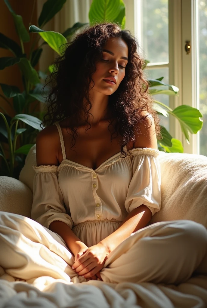 (photorealism:1.2), beautiful woman, sitting on bed, wearing loose off-shoulder top, pajama pants, long curly hair, indoors, soft lighting, plants in background, window with sunlight, cozy room, relaxed pose, realistic, intricate details, warm colors, by Greg Rutkowski, by Alphonse Mucha