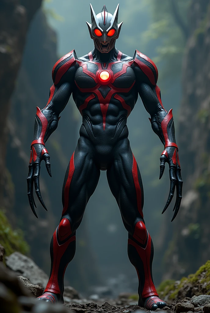 Ultraman、Black and red color scheme、Black as the base with a thick red line on the body、whole body muscular、Macho、Big man、tall、Gotsui、A menacing face、Face sharp、Red eyes、Tree Eyes、Very narrow eyes、mask、charisma、Long, sharp claws、Magnificent claws、A hard, strong body、A sturdy body with an armor-like texture、A color timer on the chest、A small red color timer、RAW Photos