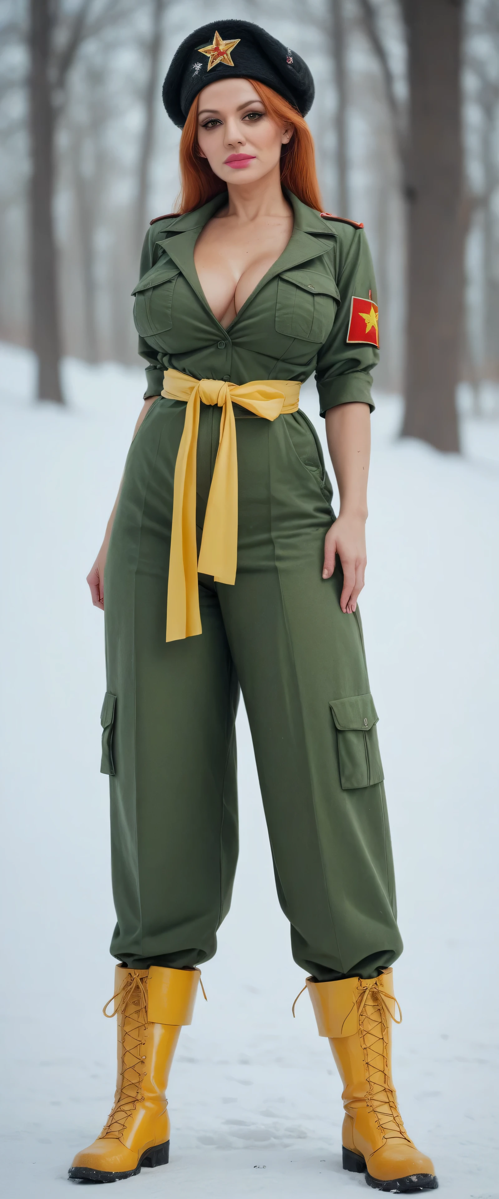 A tall, sexy, kind, busty Russian Soviet military girl milf with long, straight, soft red hair, brown eyes, pink lips, wearing a green metallic top, a black patch on her chest, a yellow ribbon around her waist, and large green metallic pants with sensual thighs and large yellow boots. She is wearing a black Soviet winter cap.