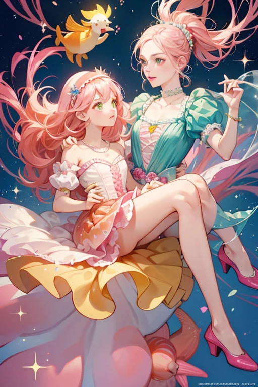 Starling has pastel yellow skin with green eyes, brown eyebrows, and pink lips. She has blue bubbles around her eyes and has two orange starfishes under her left eye. Her pink hair parts above her right eye and down to her knees. She has no animal ears or tail. She wears a molded-on pink bodice with strings of pearls on it. There are pink shells down the middle of the bodice with blue bubbles between them. She wears an orange rubber starfish skirt. Starling wears red open-toe shoes with starfishes on the front of the shoes and pearls at the top. She has a painted on pearl necklace and a headband made out of shells with a starfish on top. SPARKLE; GLITTER