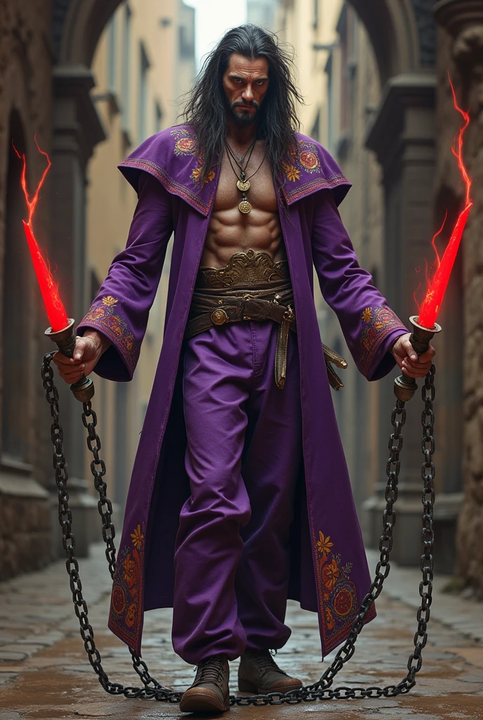 A tall, skinny man with two red spike chains he uses as a weapon. sem beard. Mocking and relaxed expression. cabelos longos e desgrenhados. clear eyes. Slightly ugly face. defined muscles. Outrageous and colorful clothes, mainly purple. Mediovale. jester. sorcerer. clown. Thin face and slender body. twisted posture, almost hunchbacked.