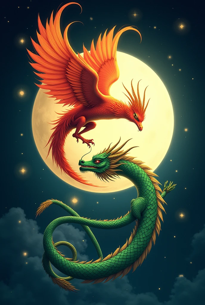 Phoenix and Dragon circulating the moon. Don't overlap the two. Also I want 2D.