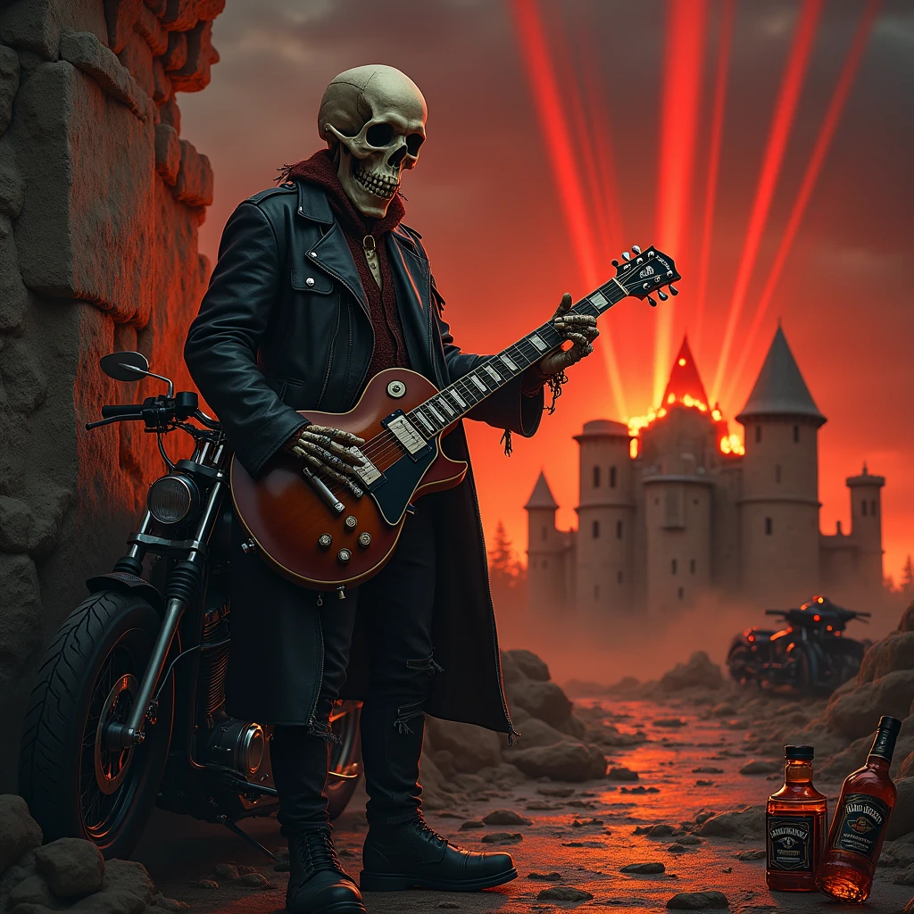 a full-length skull wearing a black leather jacket, rings on his fingers and a gold chain with a "TJ" pendant playing a les paul guitar as the world ends, red rays falling from the sky giving a tone of chaos to the image , with a castle on fire in the background and a Harley Davidson motorbike on the side, a broken bottle of whiskey on the floor