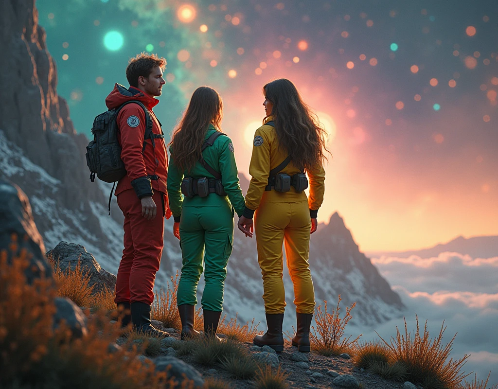 science fiction setting, two women in green and yellow spacetravelling overalls are greeting a man in a red spacetravelling overall, hip level medium shot, bokeh, on a level mountain spot, 8k resolution, masterpiece, high details,