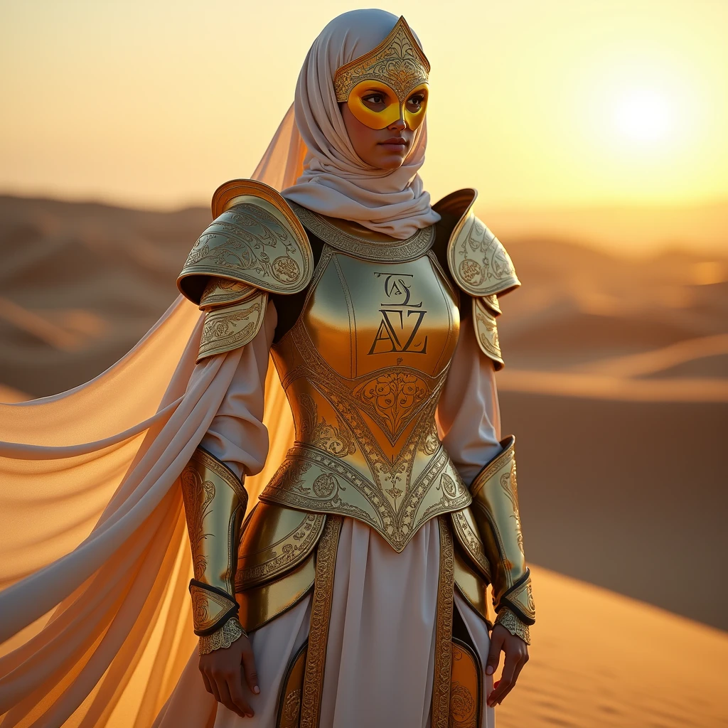 A Muslim woman who is extremely elegant and intelligent, who is also a warrior
On her armor put letters AZ and use golden and glassy white colors, the character is anonymous so use a golden mask