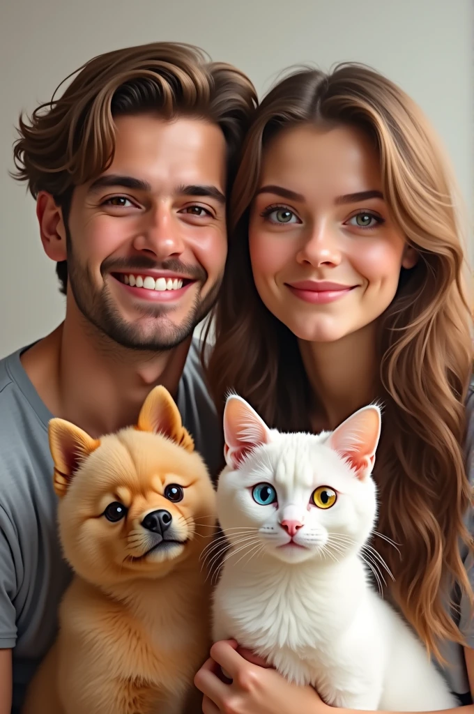Create a young couple with a caramel-colored dog and a white cat with one yellow eye and the other blue.