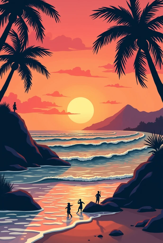 Square format image idea for a Japanese Neo Traditional tattoo of Mazatlán beach, Sunset,minimalist (beach party)
