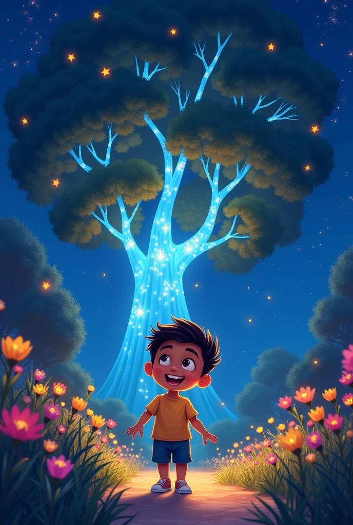 In cartoons a child Mateo with black skin.Ocra walking at night and hearing voices of congratulations from the magic tree for being a good boy