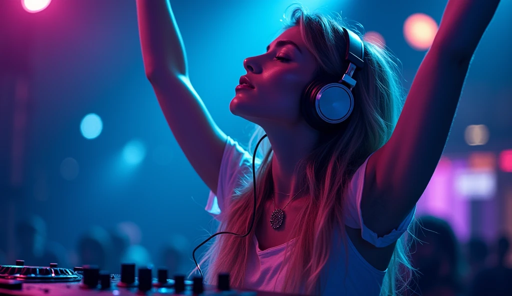 a beautiful sexy DJ woman with headphones on, looking up and with her arms up, behind a mixing desk, loving the sound you're hearing, edm music, illustration, artistic, neon details in navy blue