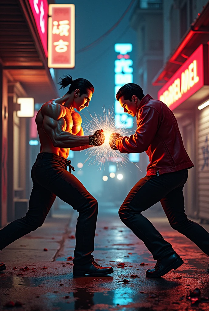 Create an image of Johnny Cage fighting Iori Yagami