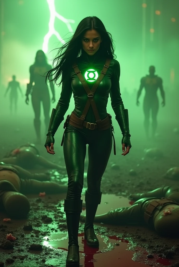 A beautiful white-skinned woman, Jessica Cruz, under the mantle of Green Lantern, wears a green leather jumpsuit with a fluorescent Green Lantern emblem, brown thick straps across her torso, white knee-high boots and gloves, screaming exhausted after a battle, blood around her, a reflection of her in her blood, disturbing and bloody images, Green Lantern fleur-de-lis, long black hair, DC universe. 
