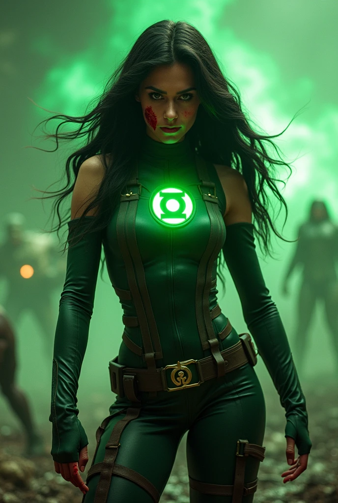 A beautiful white-skinned woman, Jessica Cruz, under the mantle of Green Lantern, wears a green leather jumpsuit with a fluorescent Green Lantern emblem, brown thick straps across her torso, white knee-high boots and gloves, screaming exhausted after a battle, blood around her, a reflection of her in her blood, disturbing and bloody images, Green Lantern fleur-de-lis, long black hair, DC universe.