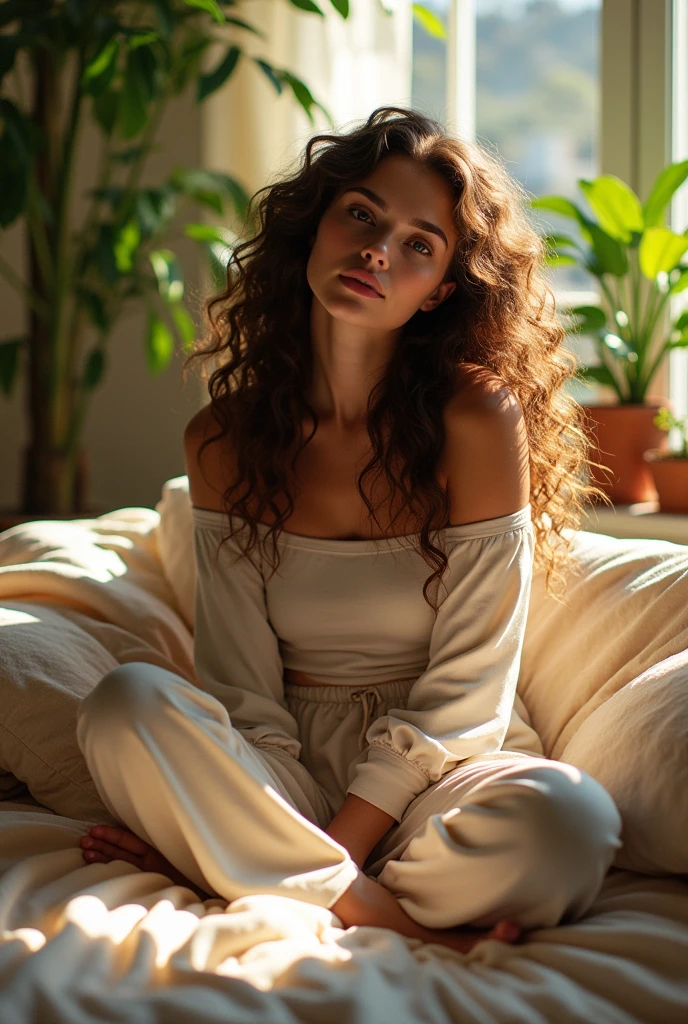 (photorealism:1.2), beautiful woman, sitting on bed, wearing loose off-shoulder top, pajama pants, long curly hair, indoors, soft lighting, plants in background, window with sunlight, cozy room, relaxed pose, realistic, intricate details, warm colors, by Greg Rutkowski, by Alphonse Mucha