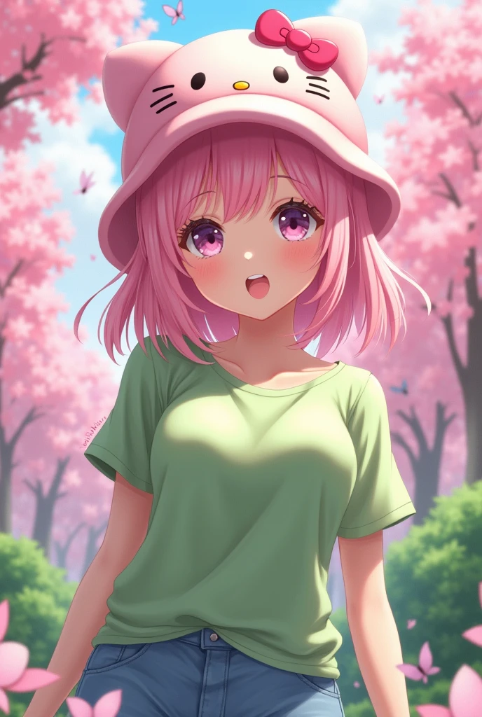 Anime girl with light pink hair, large breasts, wearing a green shirt, slim and beautiful with black eyes, a light pink Hello Kitty hat, cute.