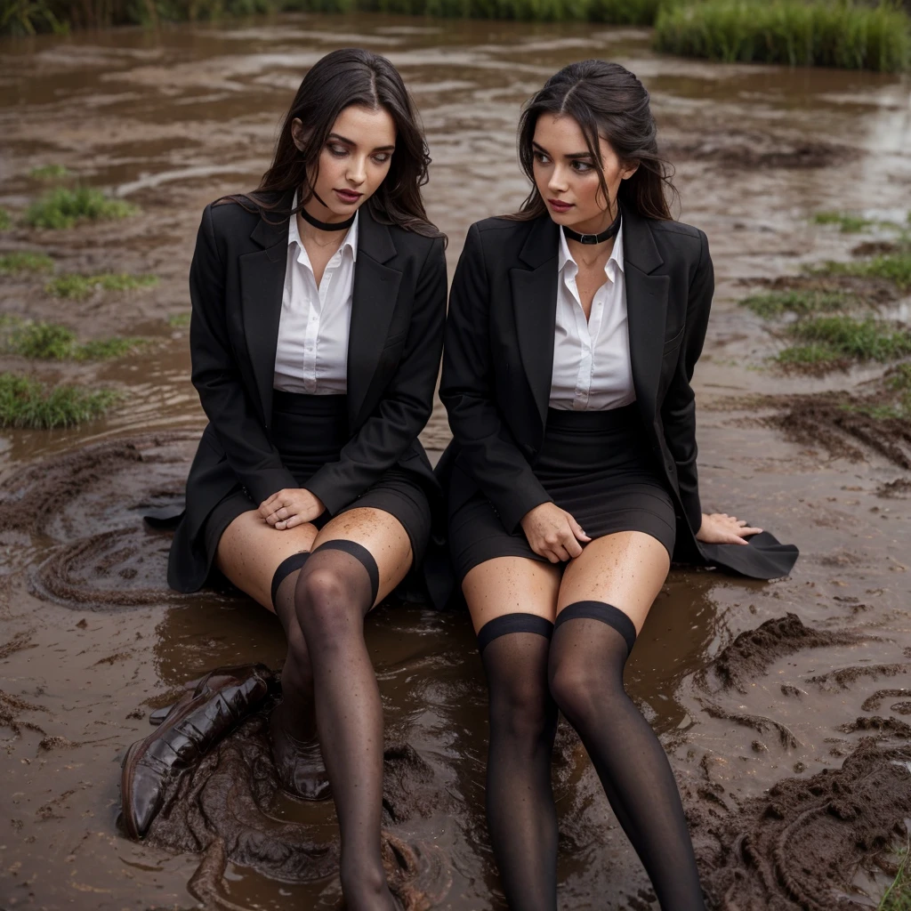 A captivating and color photo of only two business goth ladies, exuding a slender, model-like appearance with long hair. They dressed in long knee-length black cotton business pencil skirt, black muddy business jacket. muddy shirt, torn stockings, black choker on the neck, they are seen on a muddy office room. Their skirts and jackets are covered with splashes and streaks of the liquid mud. They lie on sides, or backs on the mud on the ground in different poses. The natural light brilliantly illuminates their clothes in details, casting dramatic shadows and emphasizing the texture of the mud on their clothing. Angle of camera from top-rear and little bit left from models.