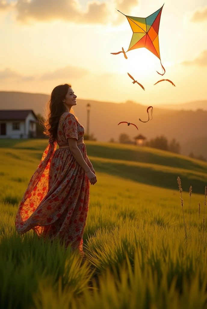 "Ali’s mother stands at a distance, watching her son’s kite flying high in the sky. She has a warm smile on her face, her eyes filled with pride and love. The setting sun casts a golden glow over the scene, highlighting the sense of accomplishment and the deep bond between mother and son. The village landscape is visible in the background, adding to the serene and fulfilling atmosphere."