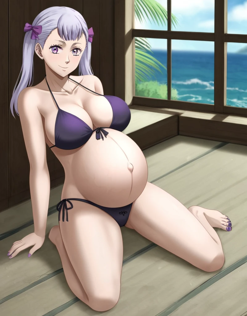 noelle_blackclover, Noelle Silva, Black Clover, long silver hair, waist-length hair, half-up half-down hairstyle, ribbon, soft waves, side-parted bangs, almond-shaped blue eyes, fair skin, high-quality, ultra-detailed, beast quality, 8K resolution,
looking at viewer,smile, pregnant belly, large belly, huge belly, big Breasts, Lying down,
1girl,solo, indoors, bead
full body,(bikini, panties, violet toenails:1.4)