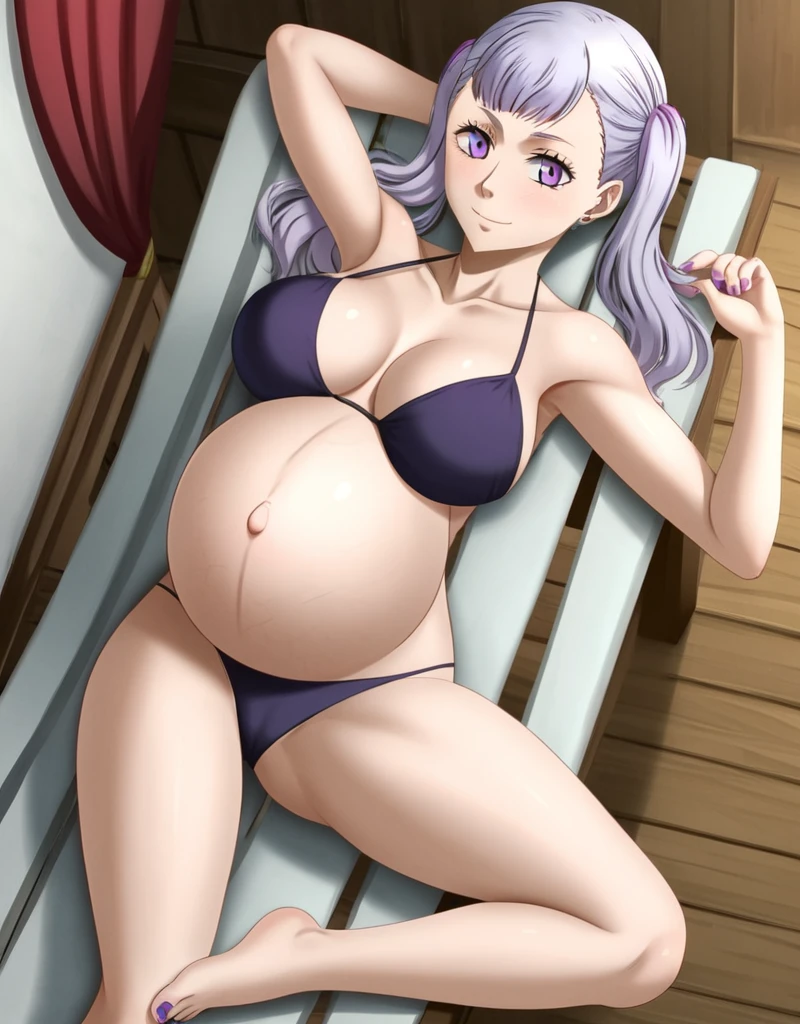 noelle_blackclover, Noelle Silva, Black Clover, long silver hair, waist-length hair, half-up half-down hairstyle, ribbon, soft waves, side-parted bangs, almond-shaped blue eyes, fair skin, high-quality, ultra-detailed, beast quality, 8K resolution,
looking at viewer,smile, pregnant belly, large belly, huge belly, big Breasts, Lying down,
1girl,solo, indoors, bead
full body,(bikini, panties, violet toenails:1.4)