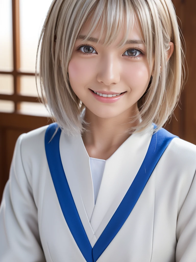 (A beautiful girl in a bright nordic setting, face lighting, realistic, cute, sexy, slim, extremely detailed eyes, droopy eyes, clear eyes, extremely detailed face:1.25), (ultra short fluffy hair:1.5),(silver hair:1.2),(close-up of face,smiling:1.25), (japanese highschool uniform:1.5),detailed skin, intricate details, high quality, detailed background, soft lighting, detailed clothing, natural pose, cinematic lighting, volumetric lighting, digital art, photorealistic, vibrant colors, sharp focus, hyper detailed,Highres fix