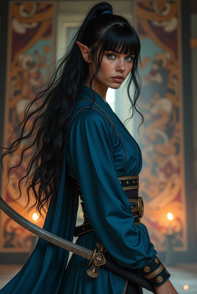 Half-elf female monk swordsman in the Dungeons and Dragons role-playing game system who has black hair with white bangs and sapphire blue eyes.