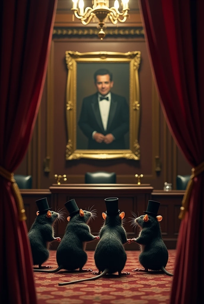 Several corrupt rats kneeling in front of a photo in the Guatemalan congress 