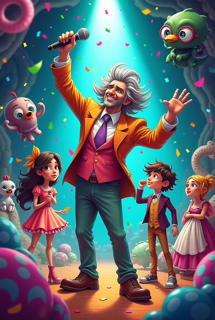 "A lively and chaotic scene featuring the Roshirau family on the cover of a comedy and fantasy book. The central figure is Elaino, a tall man with wild gray hair and a bright, colorful suit, holding a microphone with a mischievous smile. He's on a stage, surrounded by his children: Belly, a young woman with long, curly hair and shiny shoes, and Miguel, a skinny boy with messy hair and large glasses, holding strange gadgets. Around them are Nino and Cristal, two animated rag dolls dressed as a butler and a maid. Nino looks annoyed while Cristal yells at him. Ao fundo, there is a chaotic mix of interdimensional creatures, floating portals and confetti, with a giant chicken running away from a small dinosaur with a bored expression. The scene is set against a backdrop of a bizarre and colorful mansion with undulating patterns and bright lights, with an otherworldly neon-jelly alien named Zog floating in the background, giggling. The title 'Roshirau: The Most Insane Family in the Multiverse' is prominently displayed in bold and quirky fonts at the top."