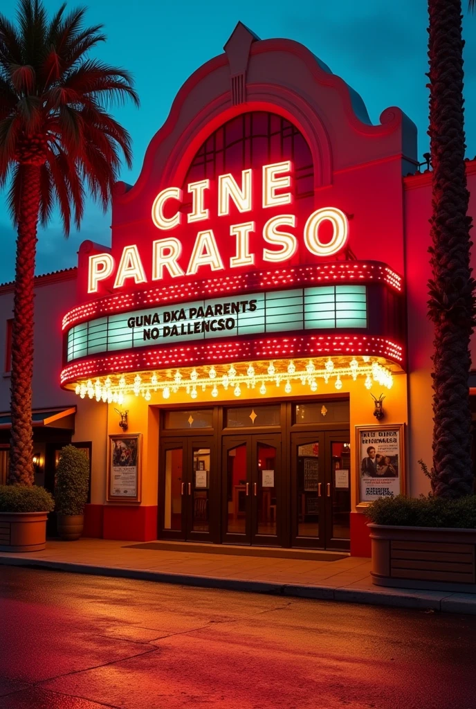 cell phone wallpaper outside the cinema with a bright banner that reads CINE PARAISO and the wind and the godfather being displayed