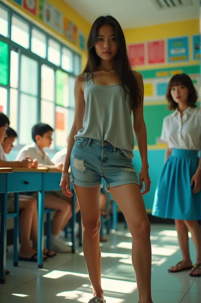 a vivid, dynamic scene captured with a high-resolution camera. a striking and detailed photo of seen from below, indonesian woman in a (standing with one leg forward and one leg back, legs spread apart for stability) for a photo in front of a, Rei Kamoi, realism, reddit, wearing a vest and gym shorts, proportions, covered sfw large breasts size!, korean girl, showcasing an Indonesian high school classroom with a beautiful single person in gangster style, wearing a white shirt and blue skirt, featuring bold shadows and colorful highlights. high contrast, vibrant colors, and sharp details. captured in bright, natural lighting. a dramatic and engaging scene, high detail, vivid classroom environment, gangster style, individual presence