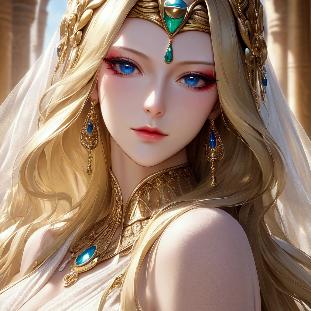 score_9, score_8_superior, score_7_superior,Close-up of a woman in a decorative luxurious Egyptian dress,Beautiful face close-up(masterpiece, Highest quality, Highest quality, Official Art, beautifully、beautiful:1.2), (One person), Very detailed,colorful, Most detailed, Perfect Face,CG Association Hot Topics, Fantasy art, ((Beautiful fantasy empress)), Mature Woman,50 years old, Anime goddess, Golden Lotus Princess, 8K high resolution, Detailed Art, Beautiful and elegant Queen, 美しい天superiorの魔術師, Very luxurious,gem, Nice, wonderful, Nice, Noble, Noble, arrogant, (blonde), (((goddess))), Queen,Long Hair,Pharaoh,Cleopatra,(((Egyptian style decoration)),Temple Background,High resolution decoration,Adorned with luxurious gold decorations,Beautiful Makeup,Very long eyelashes,blue eyes,Perfect Eyes,Mature Woman