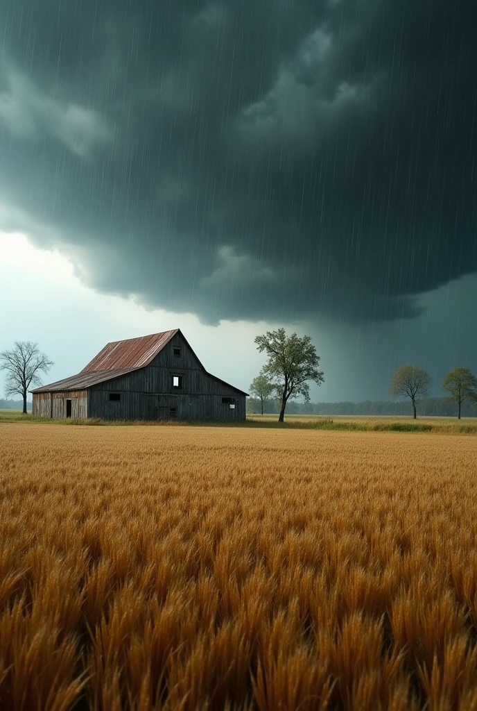 Very strong storm on a grain farm. no humans in the image. An old barn in the background. Field with small ripples. Some distant trees.