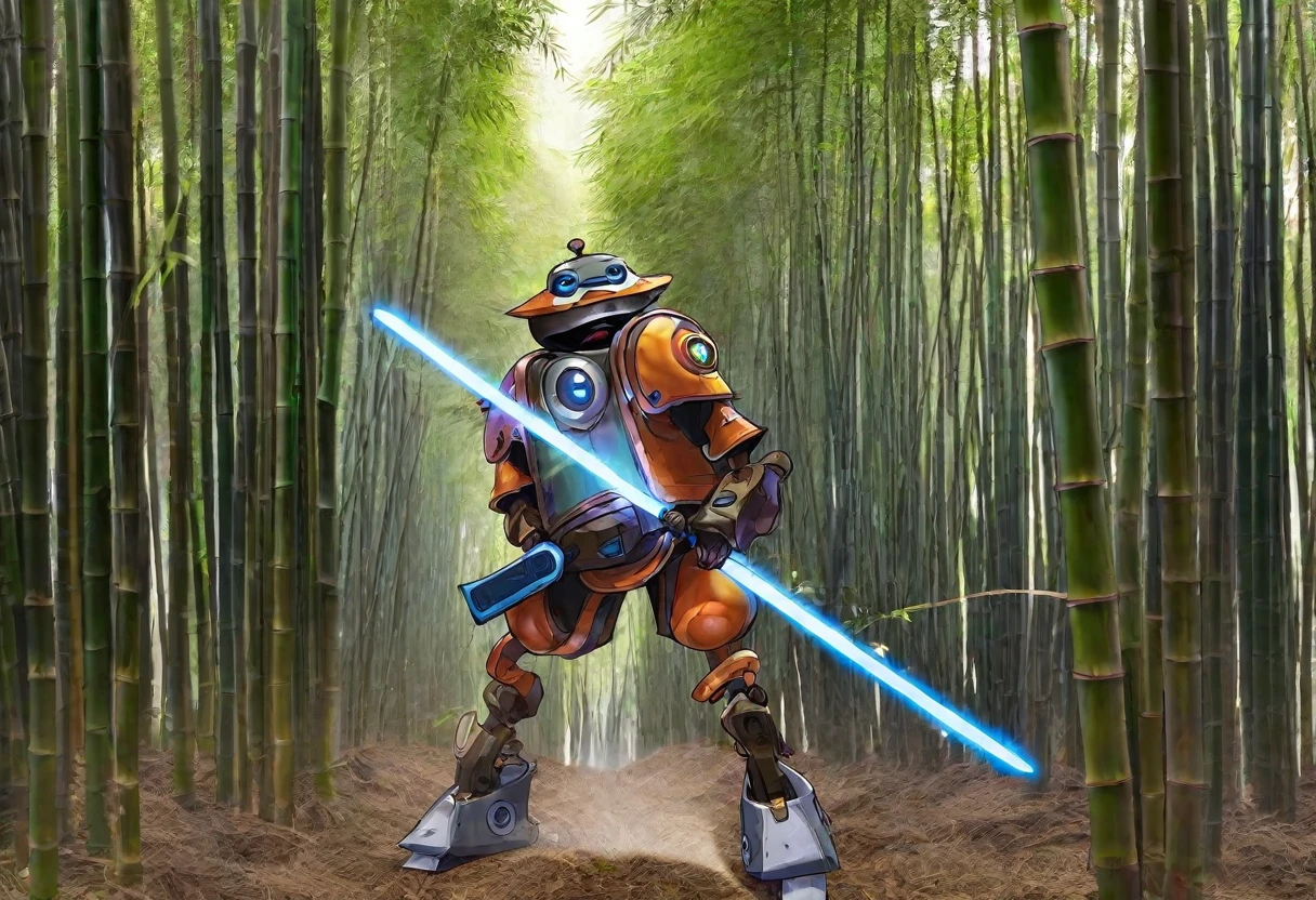 A metallic robot (obviously mechanical, dressed like a poor Chinese worker) is wandering through a dense bamboo forest, cutting and collecting Bamboo poles using a laser sword