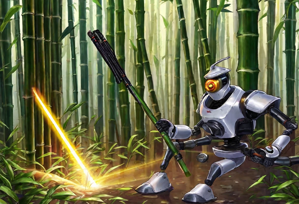 A metallic robot (obviously mechanical, dressed like a poor Chinese worker) is wandering through a dense bamboo forest, cutting and collecting Bamboo poles using a laser sword