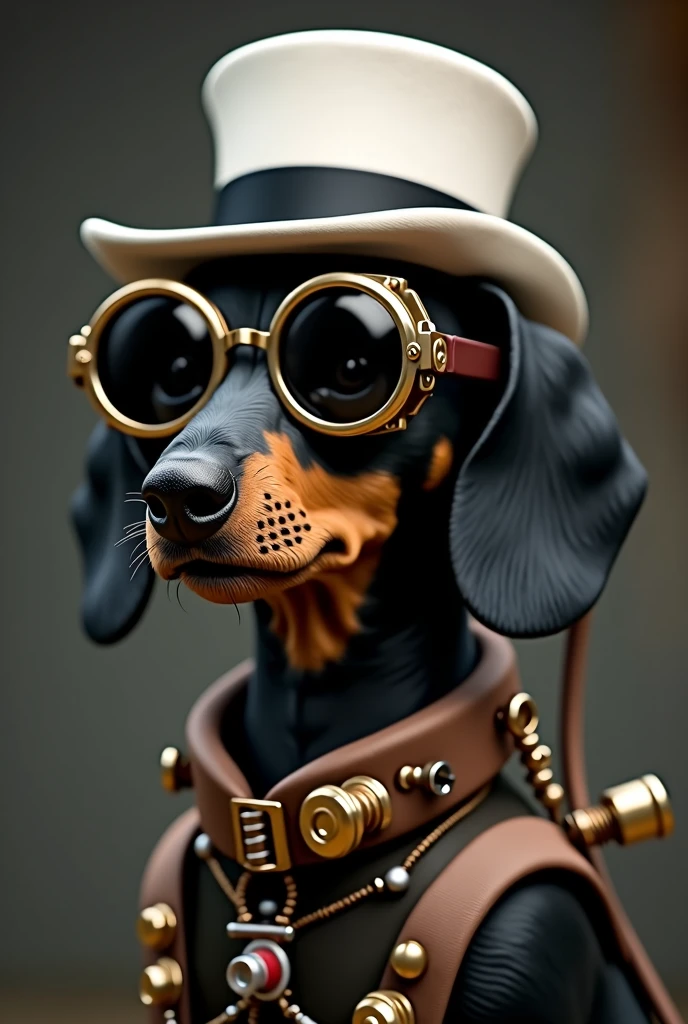 Black Dachshund,  wearing thick, heavy steam punk style glasses, dark lenses, white top hat with black band, side photo with snout slightly close to the camera, looking right Steam punk style collar with various valves and tubes
