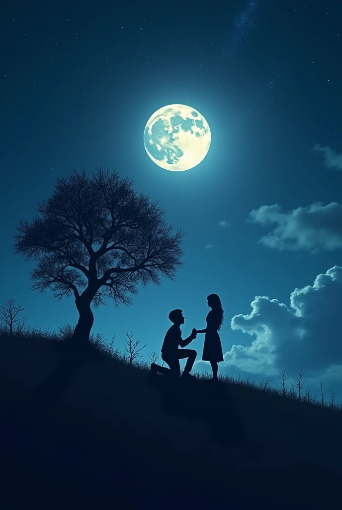 Make aphoto. Where a boy is propose a girl and a beautiful moon on the sky. All photo is like a shadow.a hill just look wonderfull. A tree is beside them