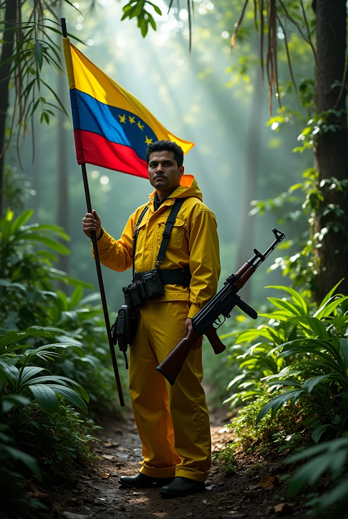 A soldier wearing a yellow raincoat, holding a Venezuelan flag in his right hand and an AK-47 in his left, in a jungle.