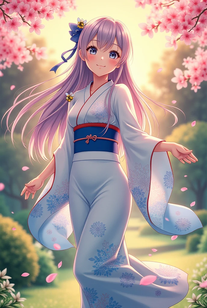 draw a 16 year old woman in anime style, bee, with a white and light blue Japanese kimono.