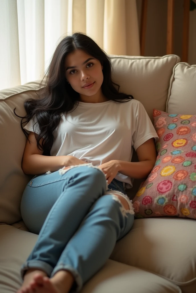 1girl, solo, ass, black_hair, lying, long_hair, couch, shirt, pants, on_side, looking_at_viewer, barefoot, thighs, white_shirt, indoors, jeans, curtains, denim, pillow, brown_eyes, thick_thighs, t-shirt