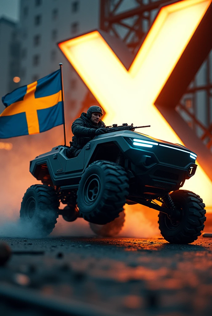 A highly trained Swedish special forces soldier, driving a futuristic Tesla Cybertruck, performing adrenaline-fueled wheelies around a massive X sign, wielding an imposing heavy machine gun, a swedish flag is hanging on the truck, cinematic, dramatic lighting, hyper-realistic, 8K, 3D render, photorealistic, chiaroscuro, moody, gritty, military, tactical, advanced technology, dynamic pose, muscular physique, tactical gear, serious expression, rugged environment, stunning visuals, powerful, intense