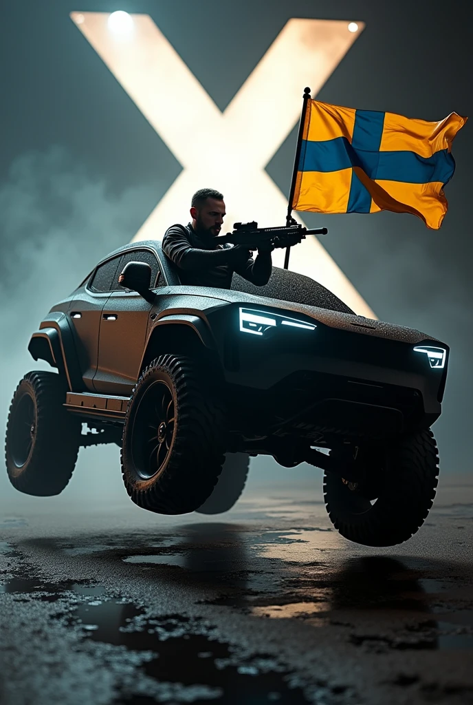 A highly trained Swedish special forces soldier, driving a futuristic Tesla Cybertruck, performing adrenaline-fueled wheelies around a massive X sign, wielding an imposing heavy machine gun, a swedish flag is hanging on the truck, cinematic, dramatic lighting, hyper-realistic, 8K, 3D render, photorealistic, chiaroscuro, moody, gritty, military, tactical, advanced technology, dynamic pose, muscular physique, tactical gear, serious expression, rugged environment, stunning visuals, powerful, intense