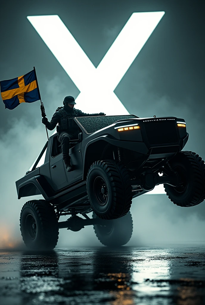 A highly trained Swedish special forces soldier, driving a futuristic Tesla Cybertruck, performing adrenaline-fueled wheelies around a massive X sign, wielding an imposing heavy machine gun, a swedish flag is hanging on the truck, cinematic, dramatic lighting, hyper-realistic, 8K, 3D render, photorealistic, chiaroscuro, moody, gritty, military, tactical, advanced technology, dynamic pose, muscular physique, tactical gear, serious expression, rugged environment, stunning visuals, powerful, intense