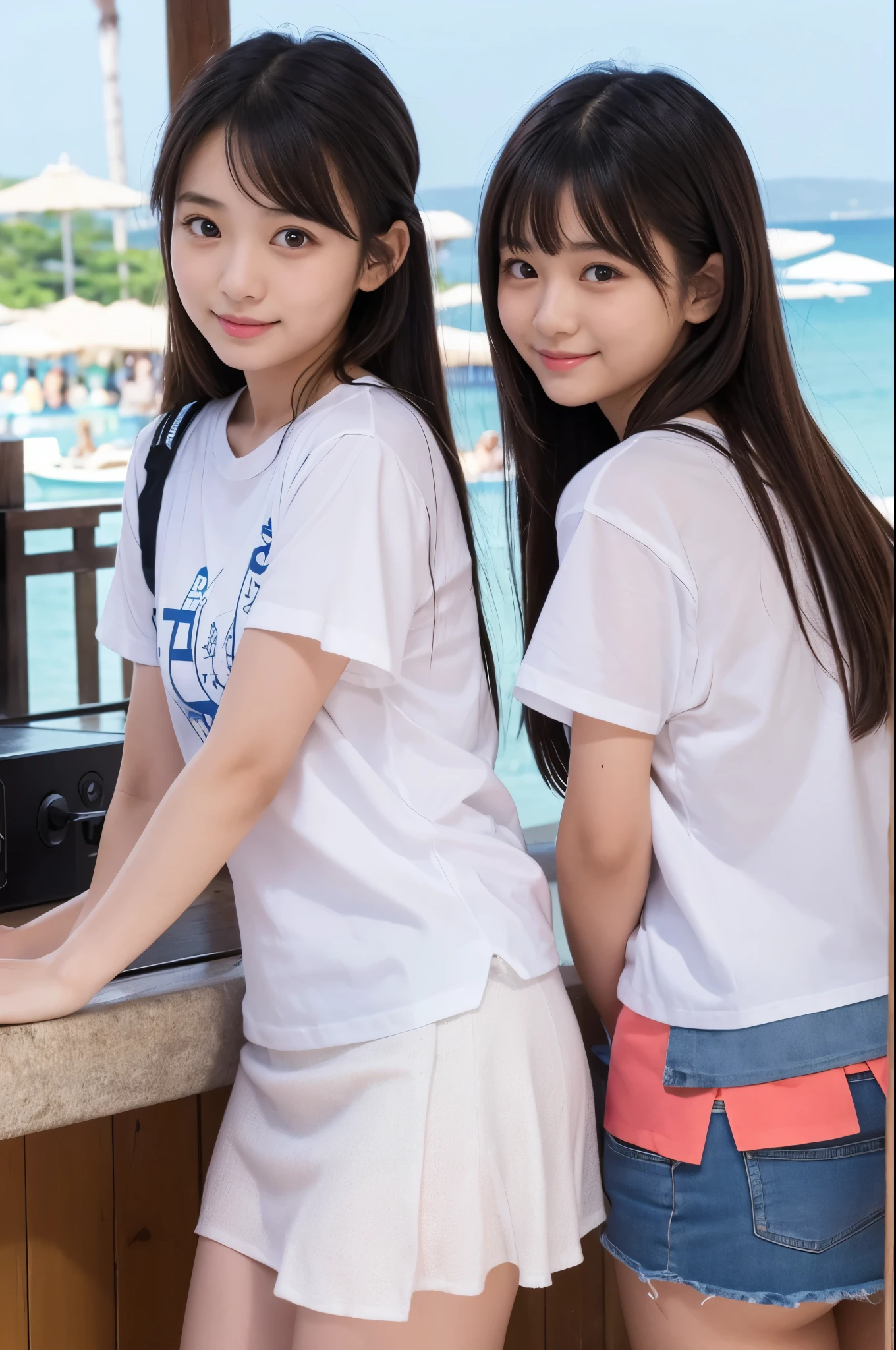 Two girls (20 years old, Japanese cute face) are wearing white Tshirts, mini skirt at the beach bar