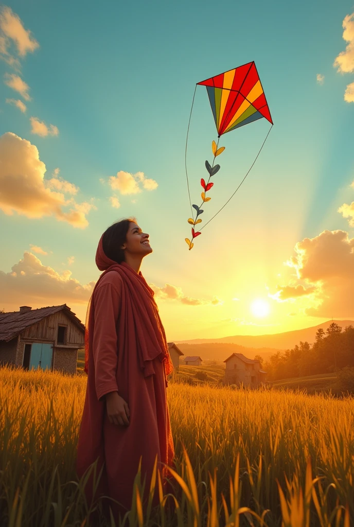 "Ali’s mother stands at a distance, watching her son’s kite flying high in the sky. She has a warm smile on her face, her eyes filled with pride and love. The setting sun casts a golden glow over the scene, highlighting the sense of accomplishment and the deep bond between mother and son. The village landscape is visible in the background, adding to the serene and fulfilling atmosphere."